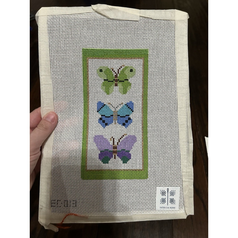 Patricia Sone Butterfly Eyeglass Case Needlepoint Canvas  18 mesh Some Work
